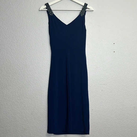 Lauren Ralph Lauren Evening Dress Navy Blue Side Ruched Midi Womens Size 2 - Picture 3 of 13